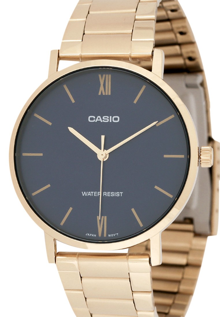 Casio MTP-VT01G-2BUDF Orologio Uomo Quarzo, Acciaio Inossidabile Dorato, Quadro Blu, Analógico, Design Classico Ed Elegante